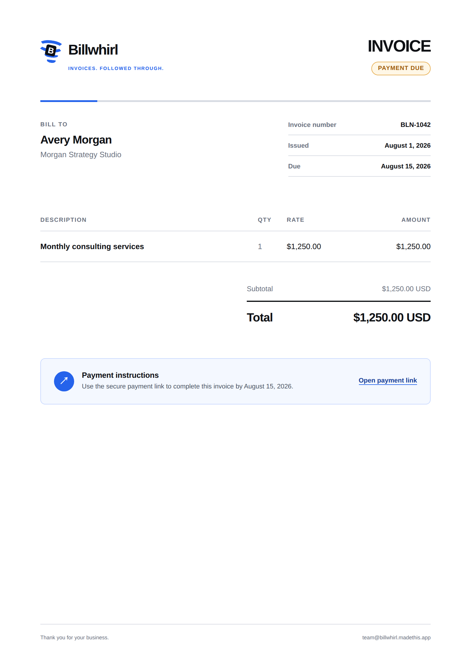Preview of fictional Billwhirl invoice BLN-1042 for Avery Morgan